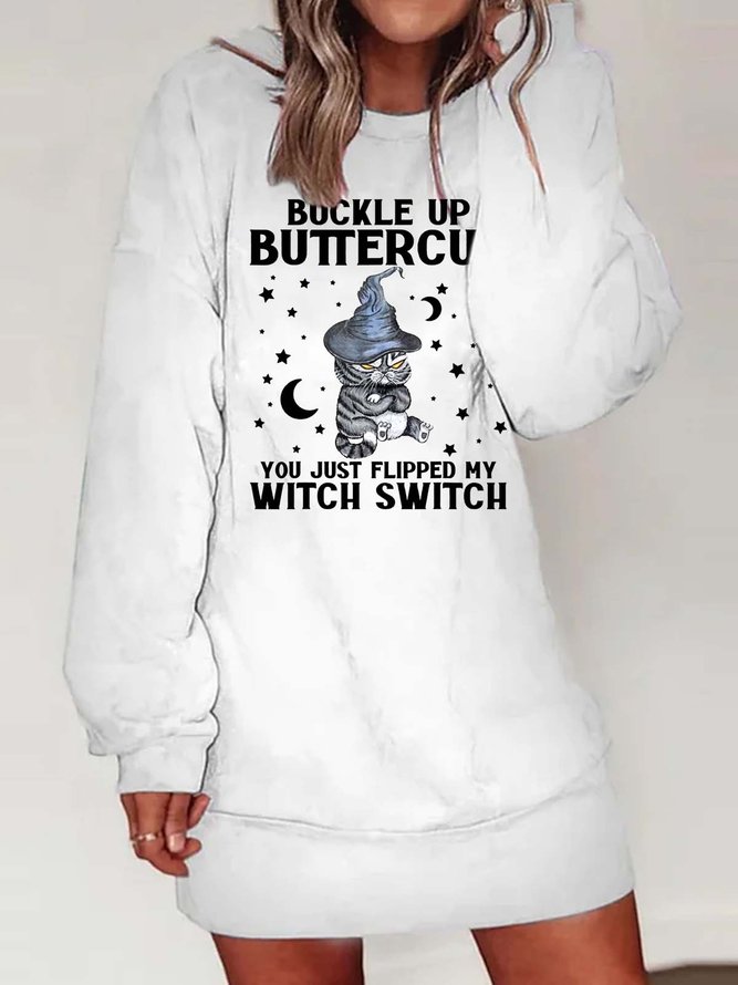 Women Buckle Up Black Cat Witch Switch Casual Sweatshirt Dresses