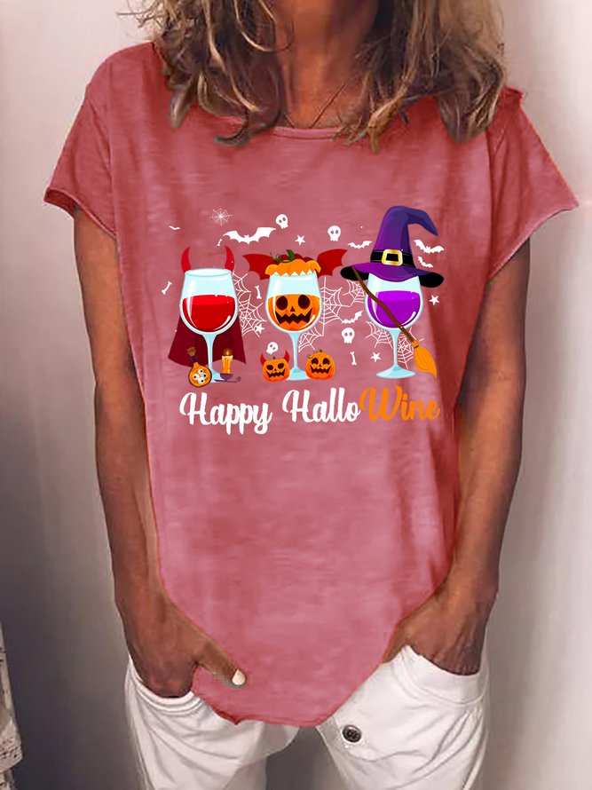 Happy Hallowine Women Casual Cotton-Blend T-Shirt