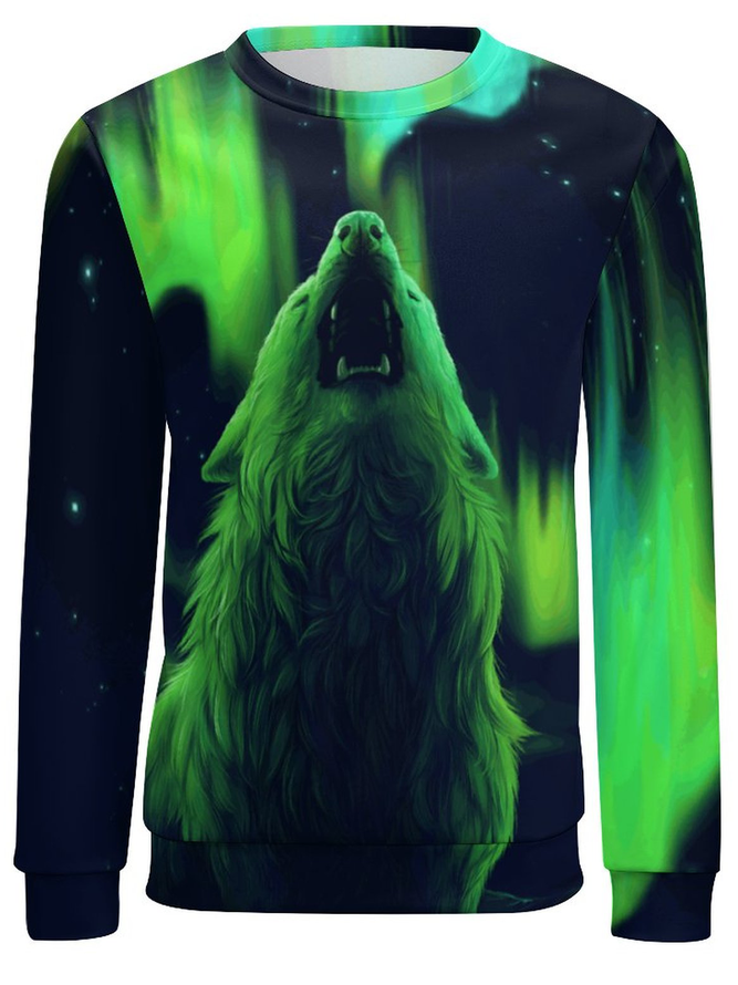 Men Aurora Wolf Pattern Casual Animal Sweatshirt
