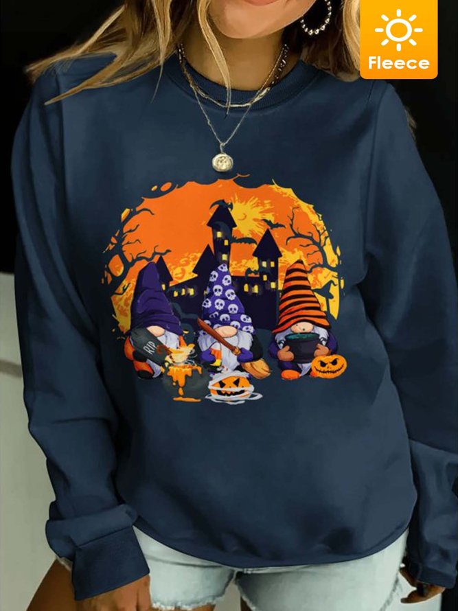 Women Cute Halloween Gnomes Pumpkin Light Fleece Casual Halloween Crew Neck Sweatshirts
