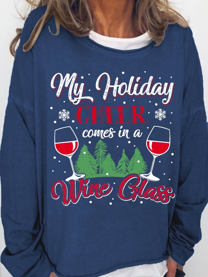 Women Funny Christmas Holiday Cheer Red Wine Loose Text Letters Sweatshirts