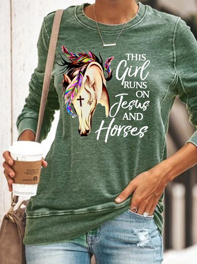 Womens Horse Girl This Girl Runs On Jesus And Horses Letters Sweatshirts