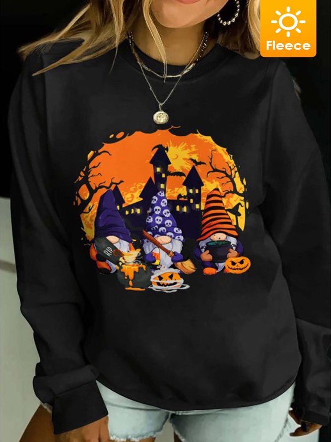 Women Cute Halloween Gnomes Pumpkin Light Fleece Casual Halloween Crew Neck Sweatshirts