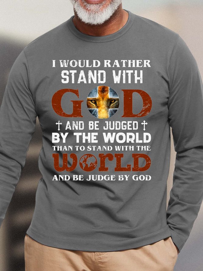 Men Stand With God Be Judged By The World Letters Crew Neck Cotton Casual T-Shirt