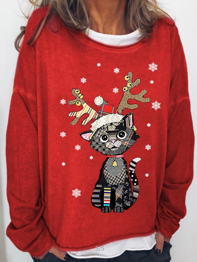 Womens Christmas Black Cat Art Print Casual Sweatshirts