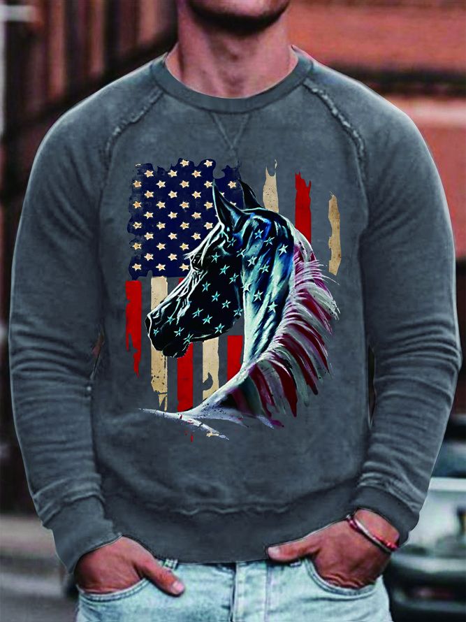 Men American Flag Horse Simple Cotton-Blend Sweatshirt