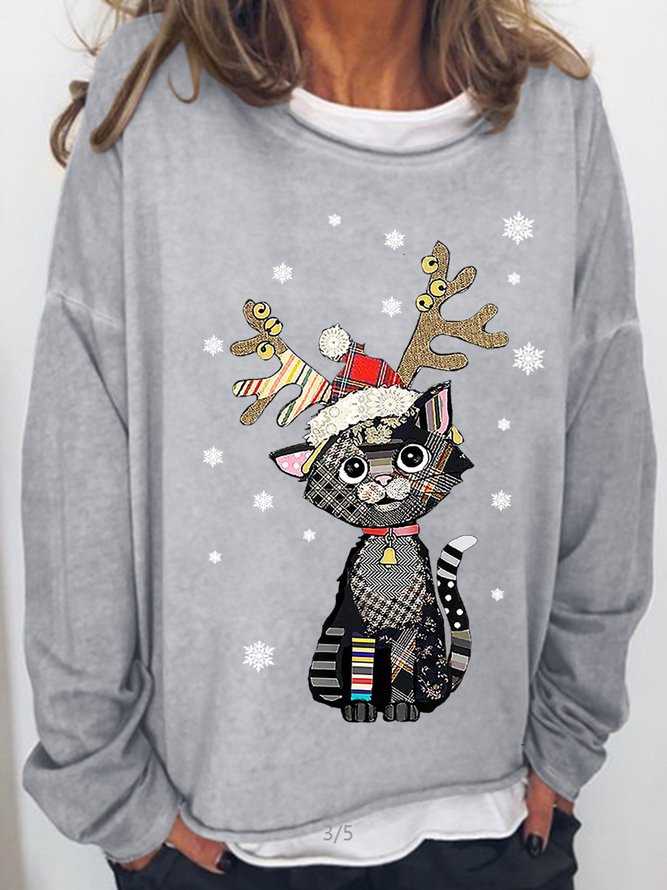 Womens Christmas Black Cat Art Print Casual Sweatshirts