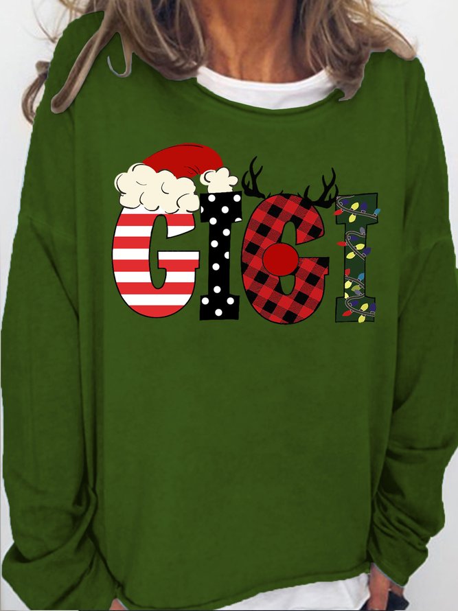 Womens Gigi Christmas Letters Santa Hat Reindeer Christmas Lights Casual Sweatshirts