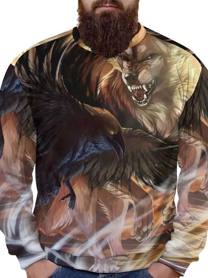 Men Eagle Wolf Pattern Casual Sweatshirt