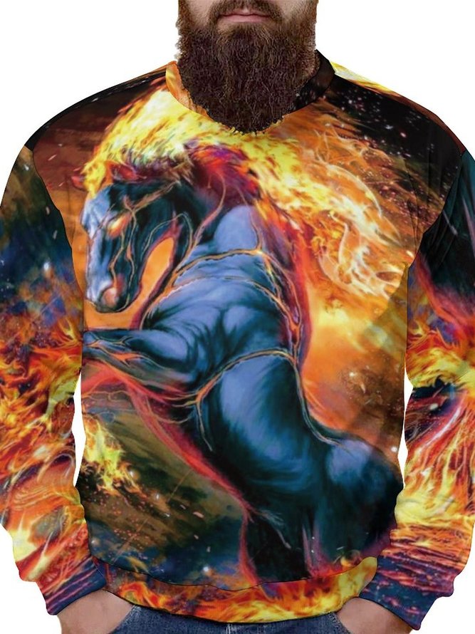 Men Horse and Fire Pattern Crew Neck Casual Sweatshirt