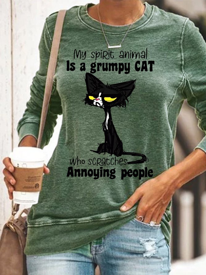 Womens Funny Grumpy Cat Crew Neck Sweatshirts