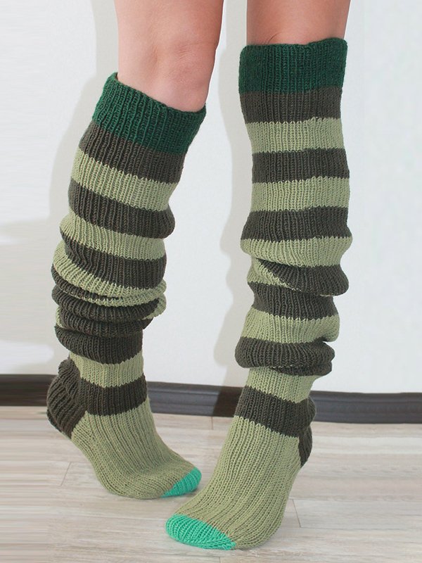 Casual Home Contrast Stripe Long Tube Over Knee Knit Pile Socks Women