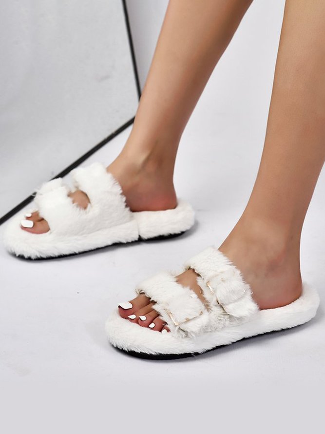 Casual Buckle Furry Slippers