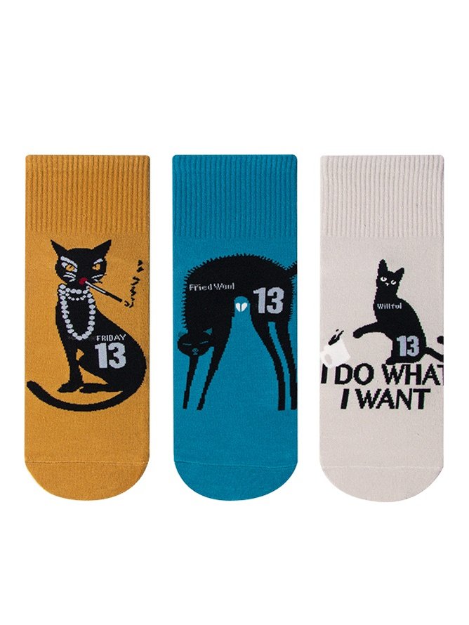 Casual Black Cat Pattern Short Socks Halloween Decorations Everyday Matching