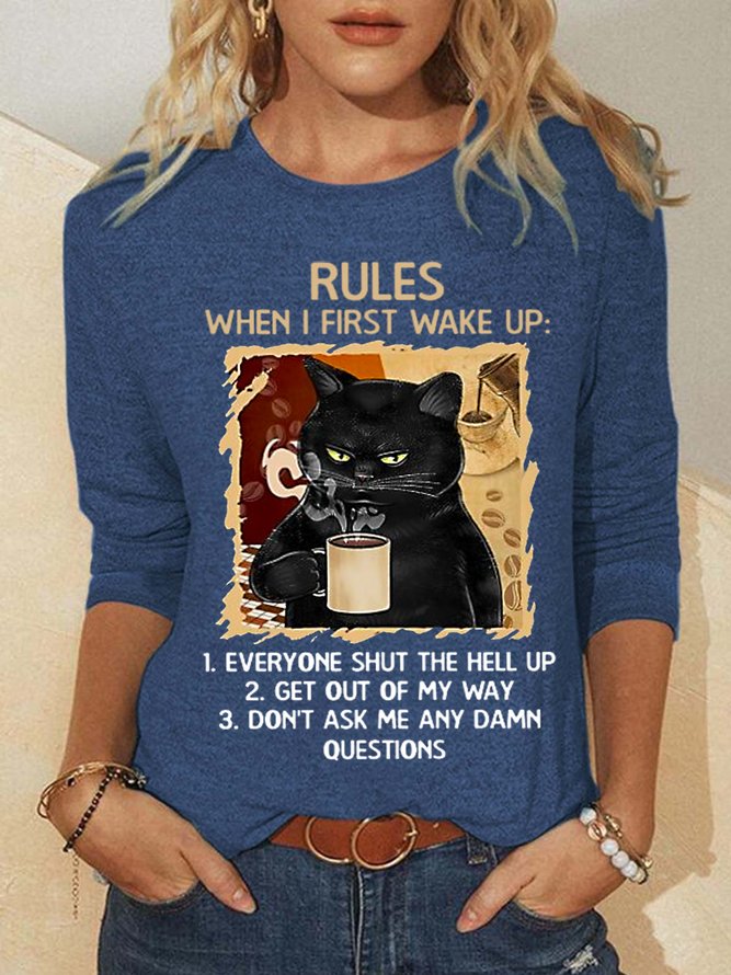 Women Black Cat Rules Cotton-Blend Simple Long  Sleeve Tops