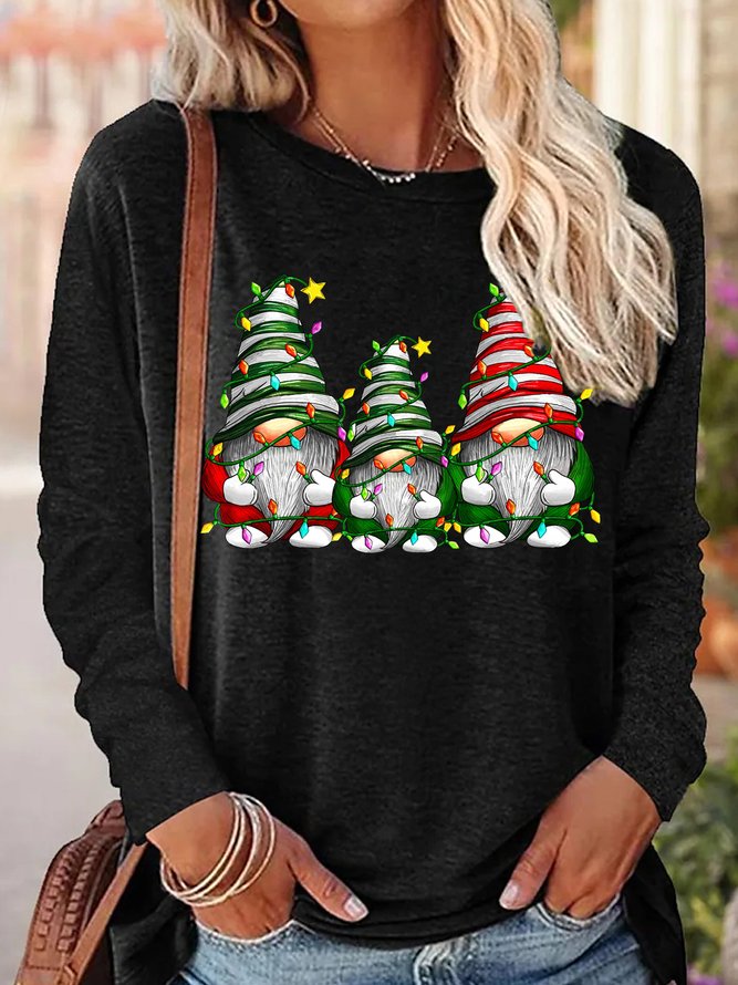 Womens Christmas Gnome Long Sleeve Tops