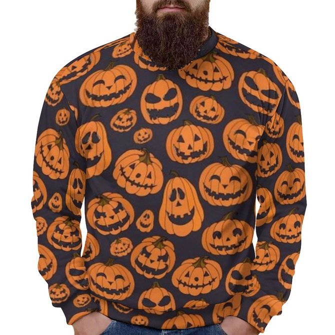 Men's Loose Crew Neck Halloween Pumpkin Sweatshirt
