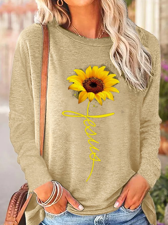 Womens Sunflowers Jesus Long Sleeve Tops