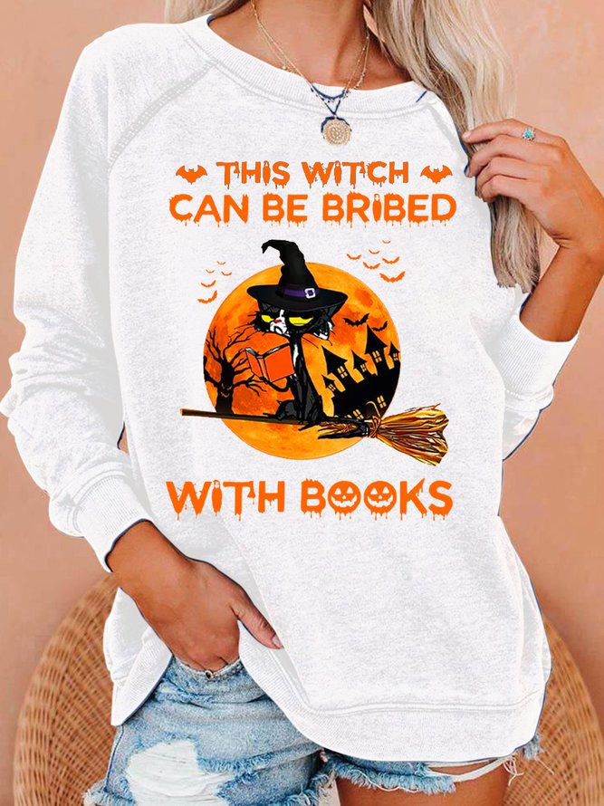 Womens Halloweenbalck Cat Witch Casual Letters Crew Neck Sweatshirts