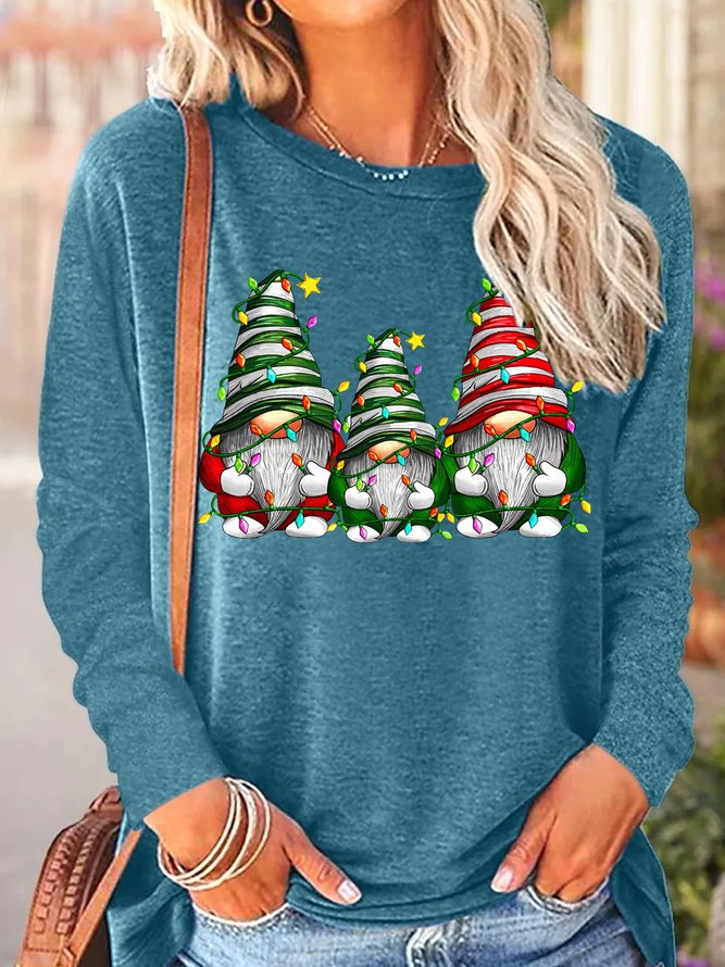 Womens Christmas Gnome Long Sleeve Tops