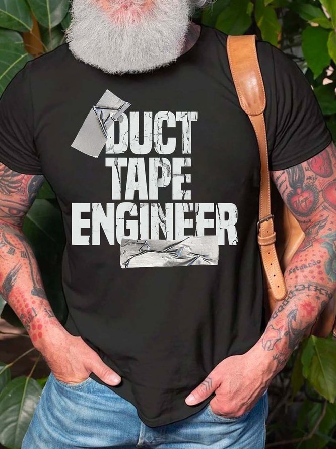 Men Duct Tape Engineer Letters Crew Neck Casual Fit T-Shirt
