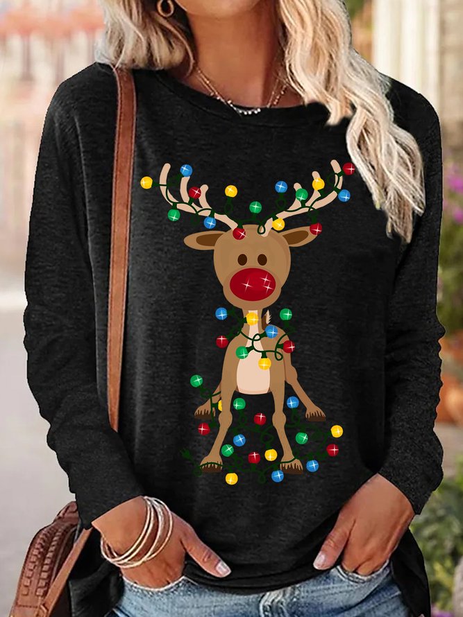 Women's Christmas Elk Printed Crew Neck Casual Long Sleeve T-shirt