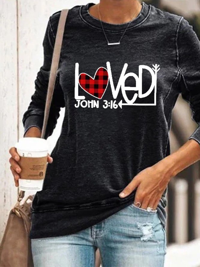 Women Plaid Heart Loved Text Letters Simple Regular Fit Sweatshirts