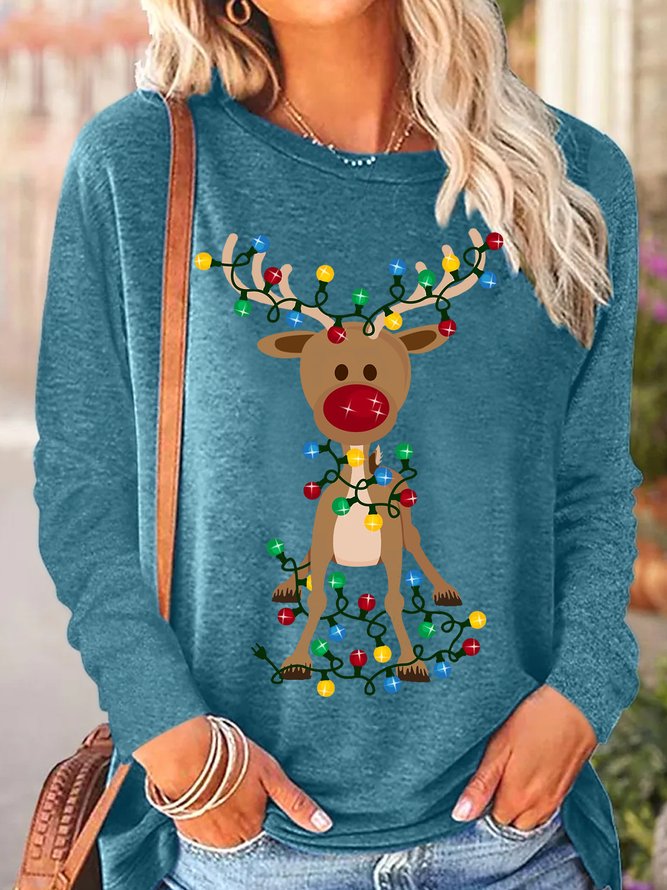 Women's Christmas Elk Printed Crew Neck Casual Long Sleeve T-shirt
