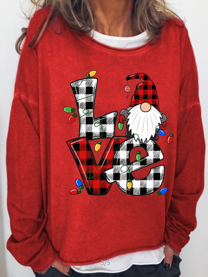 Womens Christmas Gnome Love Buffalo Plaid Crew Neck Sweatshirts