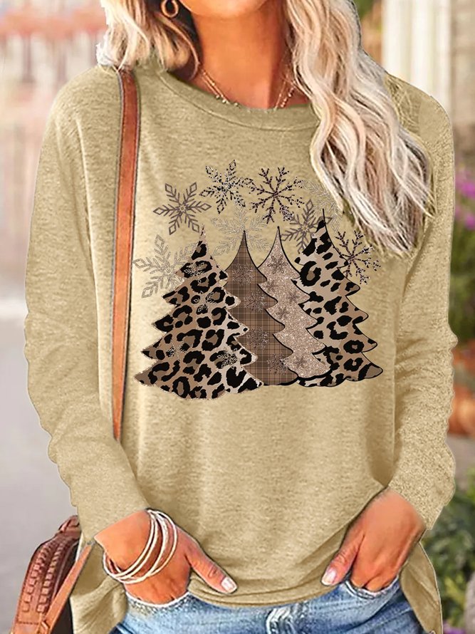 Women's Leopard Printed Christmas Tree Casual Long Sleeve Top