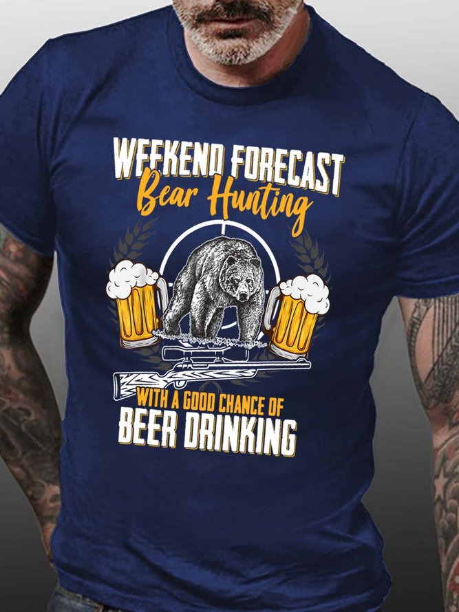 Men Weekend Forecast Bear Hunting Beer Drinking Cotton Casual T-Shirt
