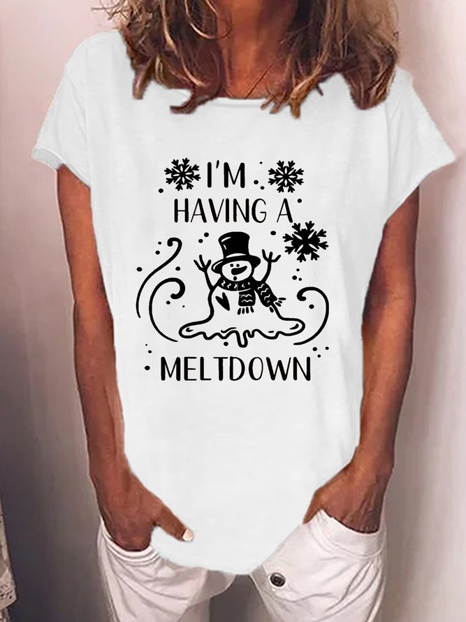 Women's Christmas Snowman Funny I'M Having A Meltdomn Loose Text Letters Casual T-Shirt