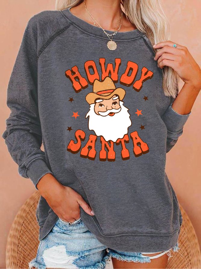 Women's Christmas Howdy Santa Crew Neck Regular Fit Casual Sweatshirts