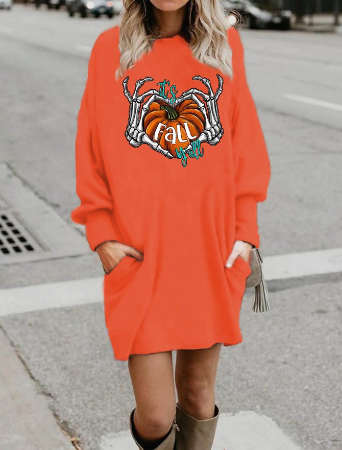 Women Skeleton Pumpkin Crew Neck Loose Halloween Sweatshirt Dresses
