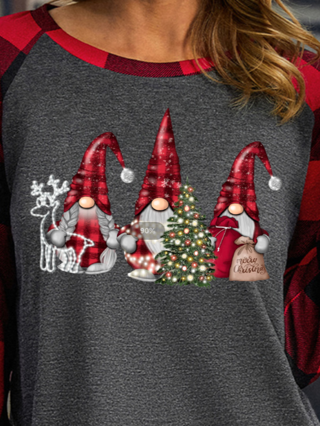 Women's Christmas Gnome Crew Neck Geometric Long Sleeve T-shirt