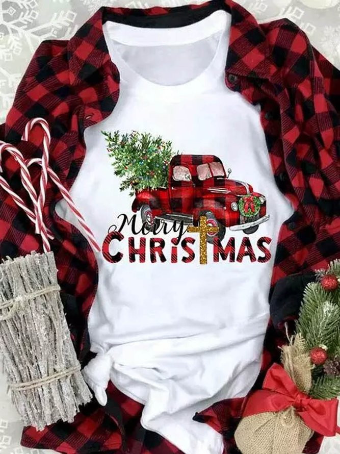 Women Merry Christmas Tree Buffalo Plaid Truck Simple Crew Neck T-Shirt