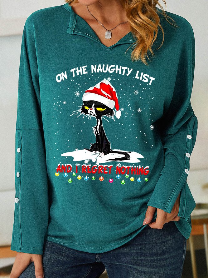 Women Funny  Cat Graphic Loose V Neck Christmas Sweatshirts