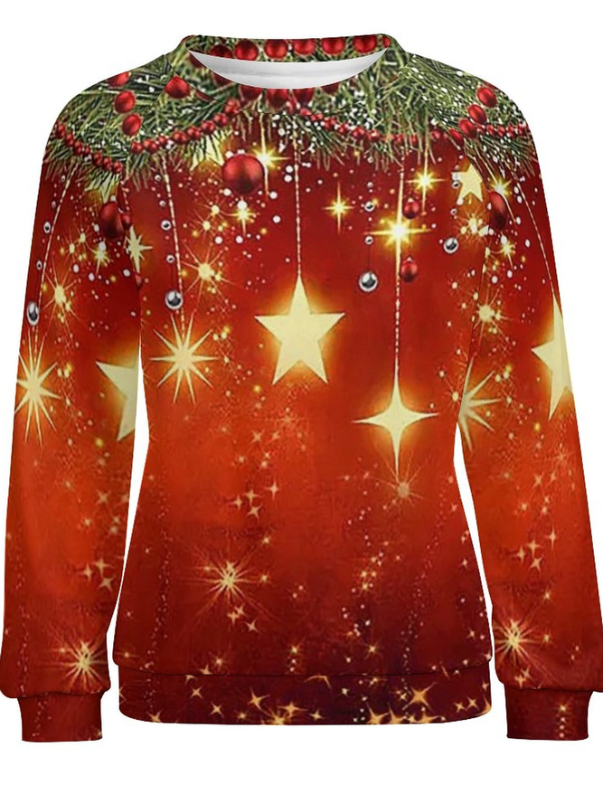 Women Gradient Christmas Star Print Cotton Raglan Sleeve Casual Sweatshirts