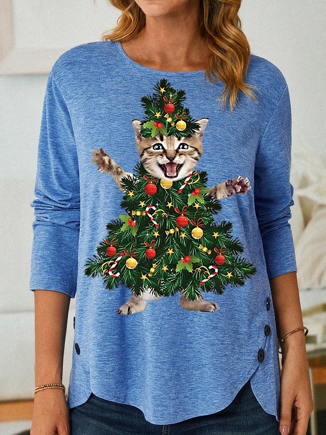 Womens Funny Cat Christmas Tree PrintTops