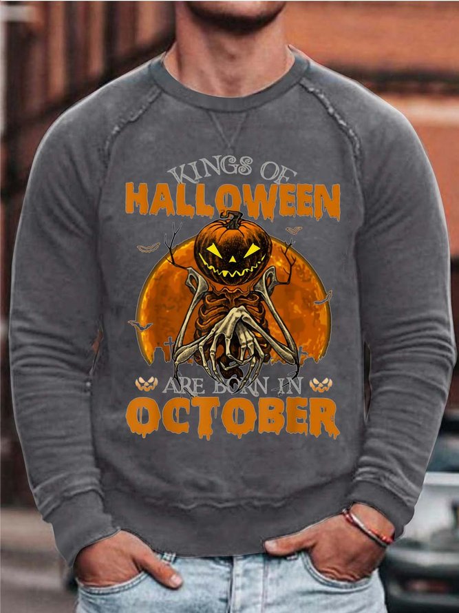 Men Kings Of Halloween Are Born In October Cotton-Blend Loose Sweatshirt