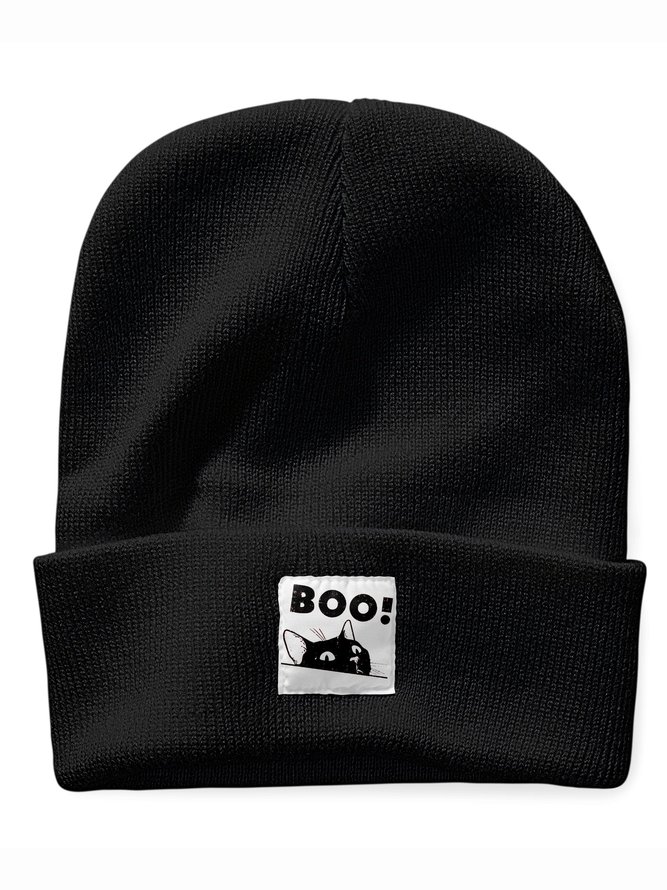 Boo Cute Black Cat Animal Graphic Beanie Hat