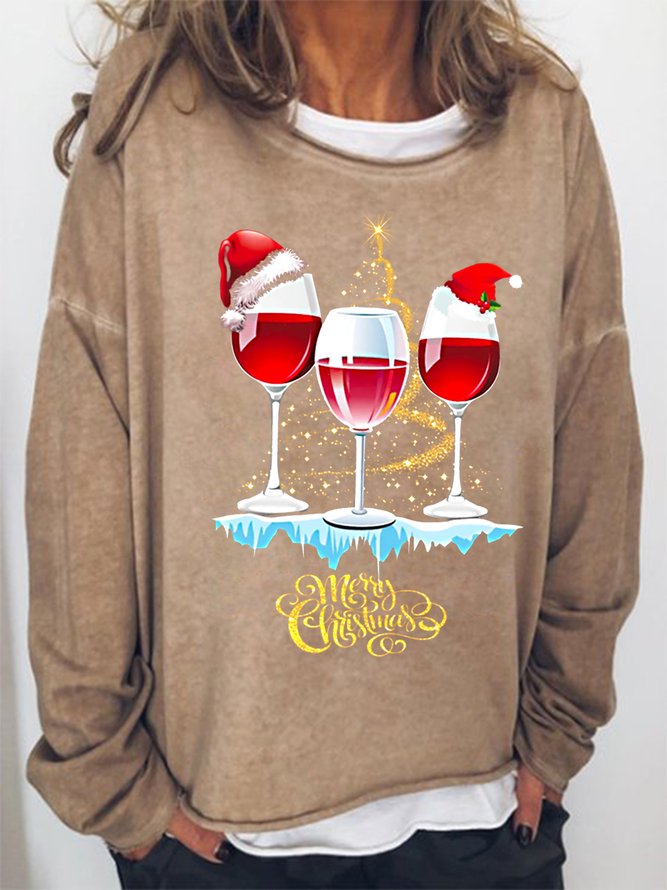 Women Funny Wine Simple Christmas Crew Neck Loose Sweatshirts