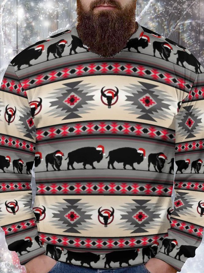Men's Christmas Western Aztec Full Print Loose Casual Sweatshirt