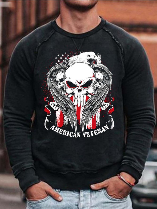 Men American Veteran Skull Text Letters Crew Neck Sweatshirt