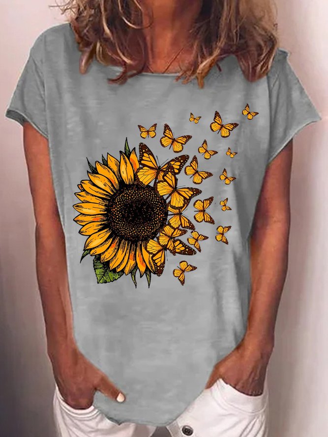 Womens Sunflower Butterfly Print Casual T-Shirt