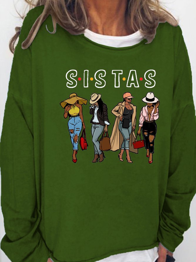 Women's Sistas Text Letters Cotton-Blend Casual Sweatshirts