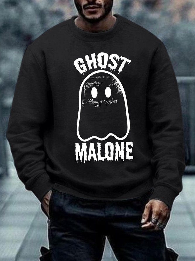 Men's Funny Ghost Malone Halloween Text Letters Crew Neck Casual Sweatshirt