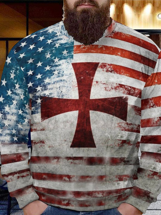 Men's Religious knight of the cross Casual Loose America Flag Sweatshirt
