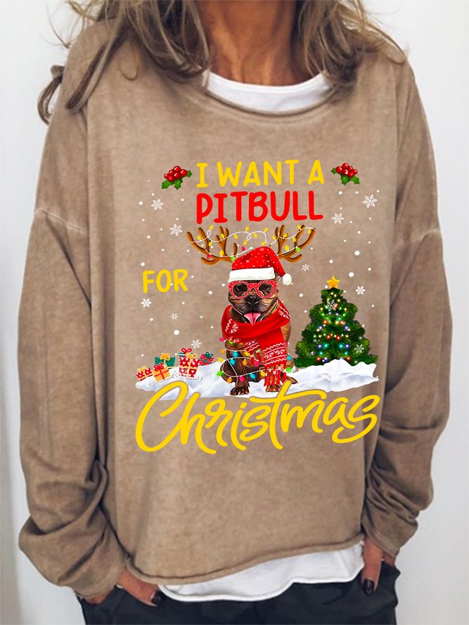 Women Funny I Want Pitbull Dog Christmas Lights Santa Simple Sweatshirts