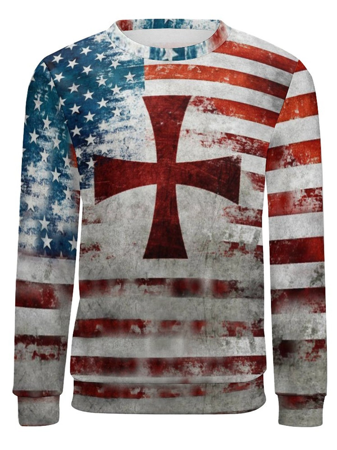 Men's Religious knight of the cross Casual Loose America Flag Sweatshirt